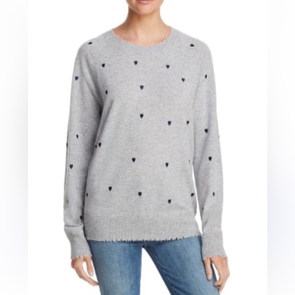 Aqua Cashmere Sweater in Gray with Navy Heart Embroidery, Size S - Picture 1 of 8